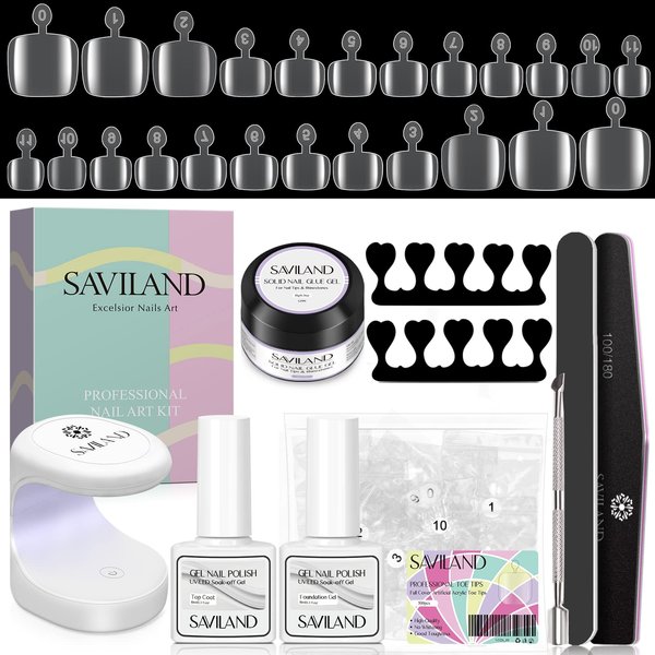 SAVILAND Toenail Tips and Solid Glue Gel: 500PCS Clear Gel X Toe Nail Kit Full Cover Press on Toe Tips with Nail Glue Gel Base & Top Coat U V Light Pedicure Kit for Nail Salon Home DIY Gift For Women