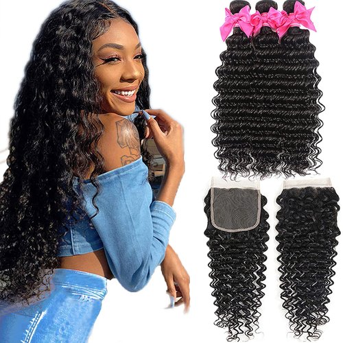 Aatifa Deep Wave Bundles with Closure 9A 100% Unprocessed Virgin Human Hair Deep Wave Bundles with Closure 4x4 Free Part Lace Closure and Bundles Human Hair Extensions (22/24/26+20 Inch)