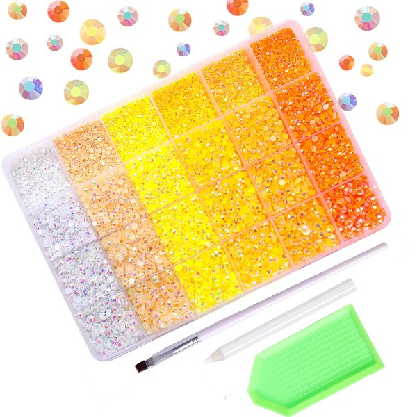 30000PCS Yellow AB Resin Flatback Rhinestones Kit, Jelly Resin Non-Hotfix Rhinestones for Crafts Makeup DIY Decoration Tumblers Nail Art 2mm, 3mm, 4mm, 5mm