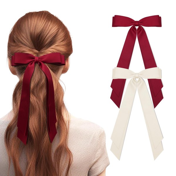 2Pcs Silky Satin Hair Bows for Women Hair Clip Hair Ribbon Ponytail Holder Accessories Slides Metal Clips Hair Bow for Girls Toddlers Teens Kids-Beige/Red
