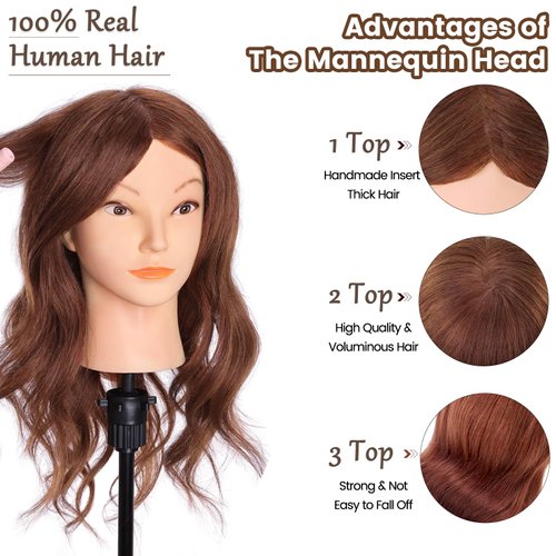MYSWEETY Mannequin Head with Hair, Doll Head for Hair Styling, Manikin Head with 100% Human Hair Cosmetology Makeup Hairdressing Training Head with Clamp Holder and Tools(18" Auburn, Makeup)