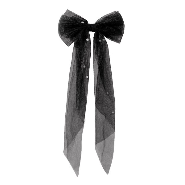 aoozleny Bridal Hair Bow Veil Hair Clip,Veil Hairpins with Pearl Mesh Bow Hair Clips (Black)