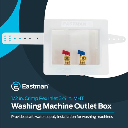 Eastman 1/2 Inch Crimp PEX Connection x 3/4 Inch MHT Washing Machine Outlet Box, Push to Connect Brass Plumbing Fittings, Double Drain, 60245