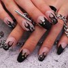 MISUD Coffin Press on Nails Medium Ballerina Fake Nails Goth Black Flame Acrylic Nails Matte Glue on Nails Cross Rhinestone Stick on False Nails with French Tip Design 24 pcs