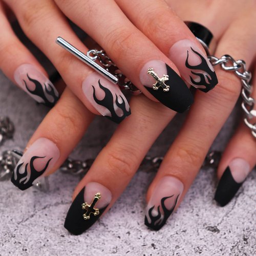 MISUD Coffin Press on Nails Medium Ballerina Fake Nails Goth Black Flame Acrylic Nails Matte Glue on Nails Cross Rhinestone Stick on False Nails with French Tip Design 24 pcs