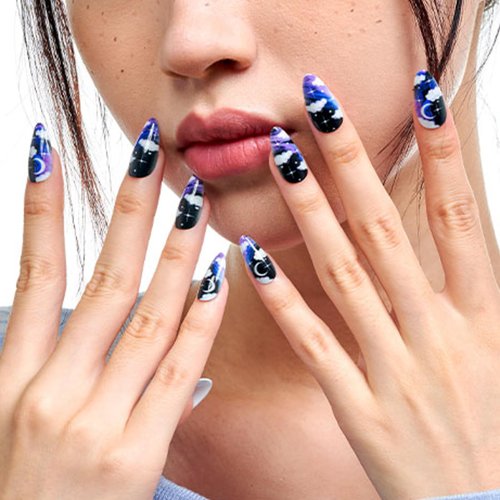 GLAMERMAID Black Press on Nails Medium Almond, Dark Purple Gothic Fake Nails Short, Acrylic Galaxy False Nail Kits with Star Design, Shimmer Stick Glue on Nails Sets, Reusable Oval Emo Nails for Women