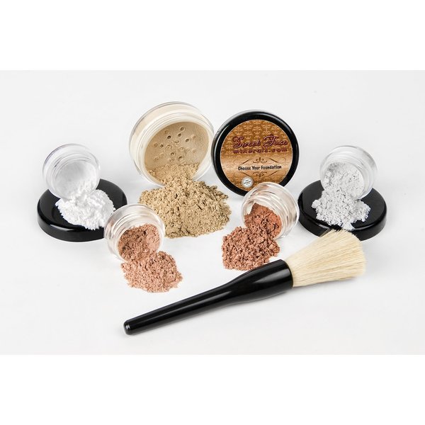 6PC Makeup Kit with Brush (Beige), All-Natural Loose Powder, Includes Lightweight Matte Foundation, Blush, Radiant Bronzer, Translucent Primer & Finishing Powder