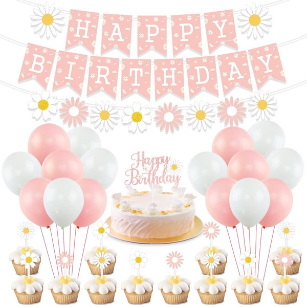 Daisy Flower Birthday Party Decorations, Daisy Happy Birthday Banner Daisy Flower Birthday Cake Cupcake Toppers for Hippie Themed Daisy Party Girl Baby Shower Birthday Boho Daisy Birthday Supplies