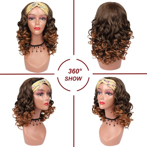 Curly Wigs for Black Women Long Curly Headband Wig None Lace Front Glueless Wig Soft Big Bouncy Fluffy Big Curls Wig Heat Resistant Synthetic Wig for Daily Party Use (Black to BrownT30#,17Inch)