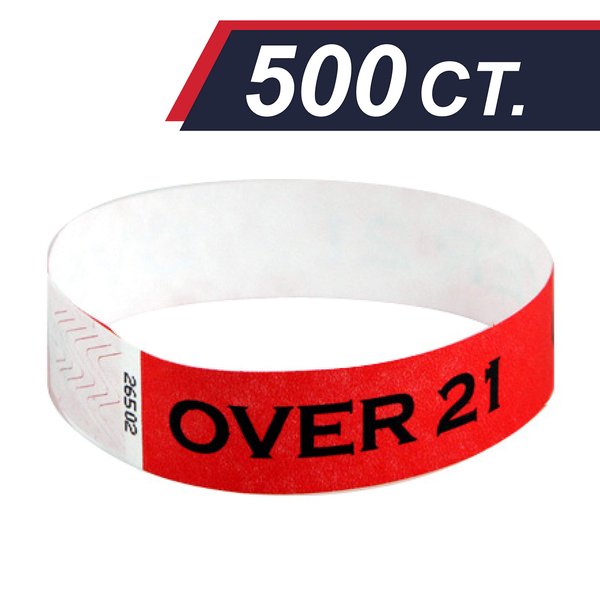 EventWristbands Premium Over 21 Tyvek Wristbands (500 Count, Red) - Drinking Age Verified, Over 21 & Verified Identification Event Wristband Paper Bracelets