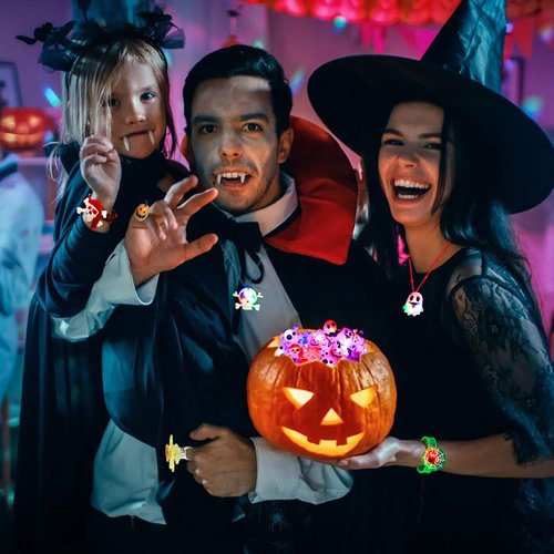 Halloween Party Favors for Kids - 57 PCS Halloween Decorations LED Flash Rings Light Up Necklaces Halloween Toys, Glow in the Dark Halloween Party Supplies, Halloween Gifts/Halloween Treats for Kids