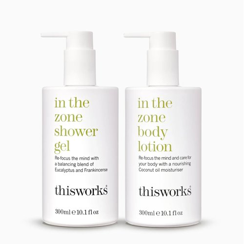 This Works In The Zone Body Lotion & Shower Gel Duo: Hydrating Moisturizer & Refreshing Body Wash with Essential Oils, Eucalyptus & Frankincense, Vegan, 10.1 oz Each