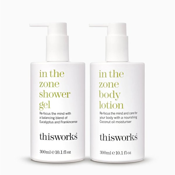 This Works In The Zone Body Lotion & Shower Gel Duo: Hydrating Moisturizer & Refreshing Body Wash with Essential Oils, Eucalyptus & Frankincense, Vegan, 10.1 oz Each