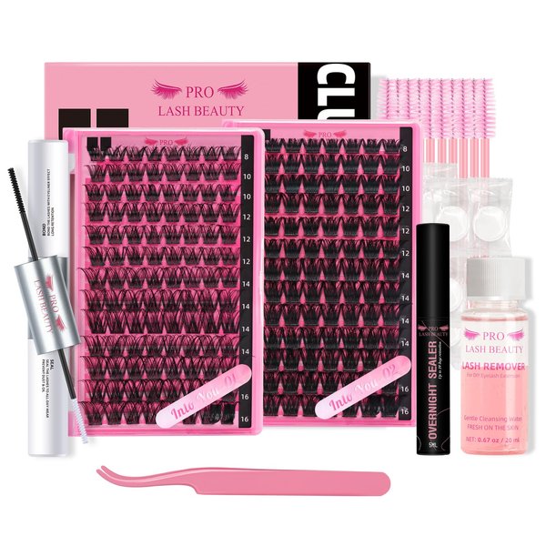 DIY Lash Extension Kit Cluster Lashes Kit with 208 Pcs Lash Clusters Lash Bond and Seal Lash Overnighter 20ml Lash Remover Eyelash Applicator Beginner Easy to Use (Into You-01+Into You-02 Kit)
