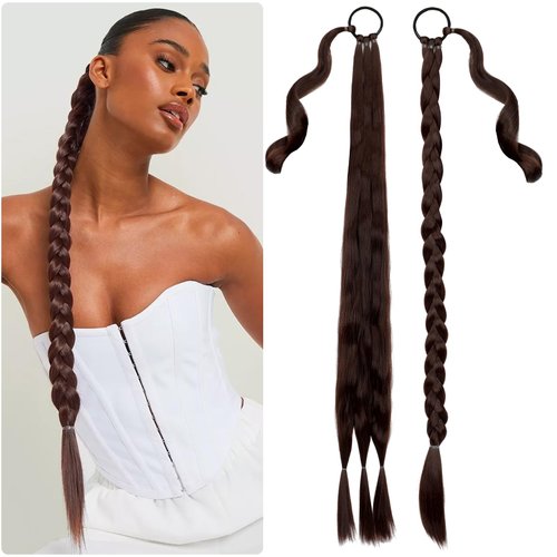 Fanguilar 30 Inch Long Braided Ponytail Extension with Hair Tie Medium Brown Straight Wrap Around for Women Synthetic High Temperature Fluffy Natural Soft Hair Piece for Daily Wear