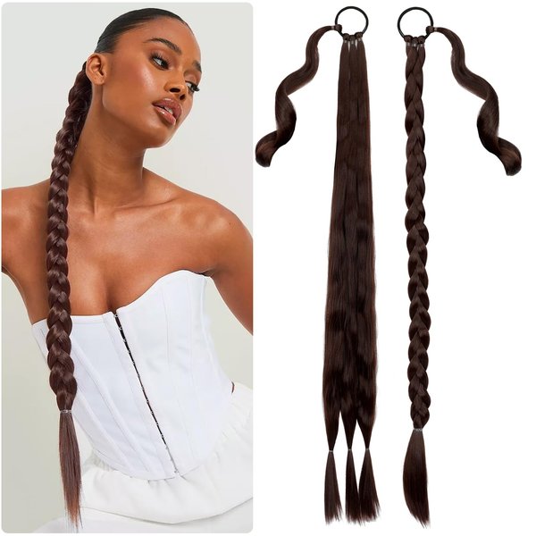 Fanguilar 30 Inch Long Braided Ponytail Extension with Hair Tie Medium Brown Straight Wrap Around for Women Synthetic High Temperature Fluffy Natural Soft Hair Piece for Daily Wear