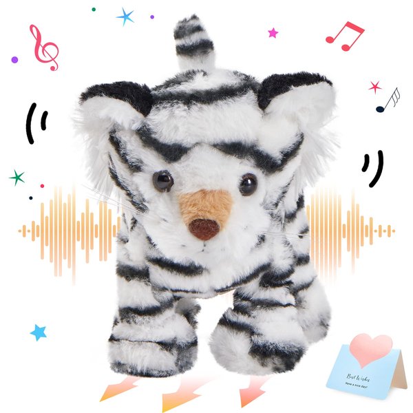 CozyWorld Walking Singing Electronic Tiger Electric Singing Tiger Plush Toy Fun Interactive Tiger Cute Plush Toys Tail Wagging Tiger Stuffed Animal Birthday Gifts for Kids,10" White