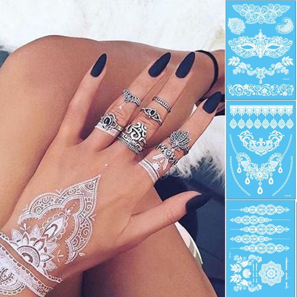 Henna Temporary Tattoos, White Lace Tattoo Stickers, Bride Wedding Fake Tattoos,Indian Mandala Designs Body Painting Decoration Henna Tattoo Kit Body Art Stickers, 6 Sheets