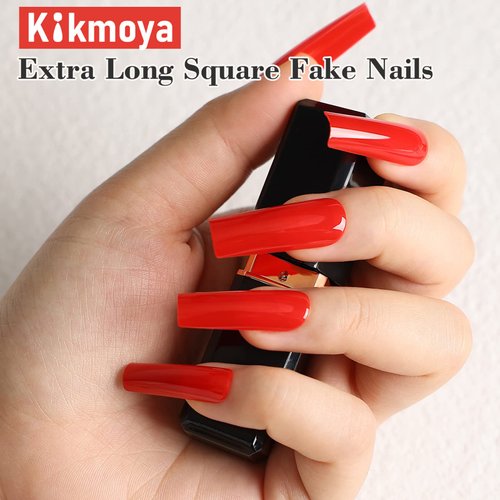 Kikmoya Extra Long Square Press on Nails Red Glossy Fake Nails Full Cover False Nail Tips Artificial Nails Acrylic Nails Press-On Manicure Solid Color Stick on Nails for Women and Girls (Red)