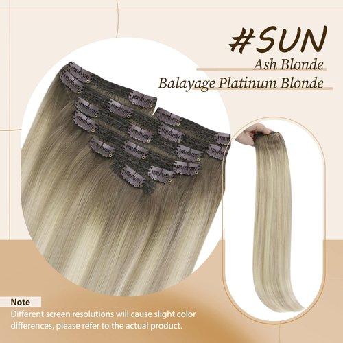 Sunny Clip in Hair Extensions Human Hair Ash Blonde Ombre Sunkissed Blonde Clip in Human Hair Extensions Double Weft Ombre Human Hair Clip in Extensions 7Pcs 120G 14inch