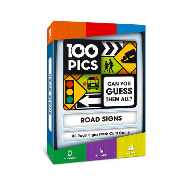 100 PICS US Road Signs Travel Game - Learn 100 Road Signs | Flash Cards with Slide Reveal Case | Card Game, Gift, Stocking Stuffer | Hours of Fun for Kids and Adults | Ages 6+