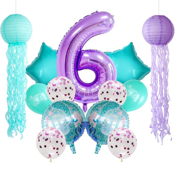 ADLKGG Mermaid Birthday Party Decorations for Kids, Under the Sea Party Supplies Hanging Jellyfish Paper Lanterns Balloons Number 6 Foil Balloons for Mermaid 6th Birthday Party Decorations