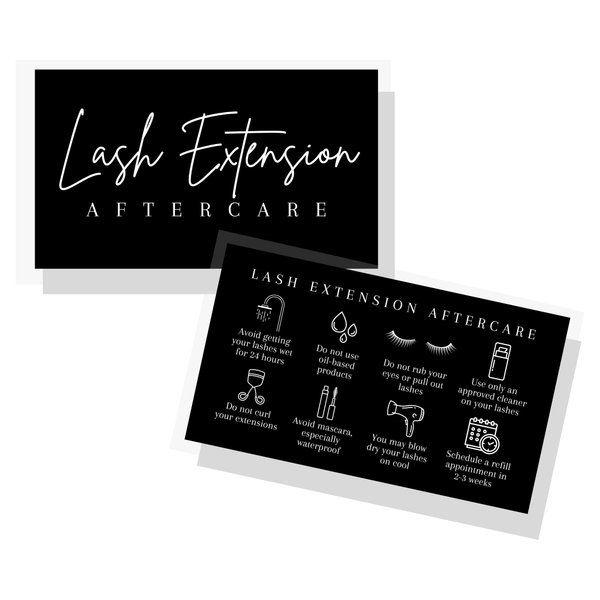 Lash Aftercare Extension Cards | 50 Pack | Eyelash False 2 x 3.5” inches Symbols 2-3 Week Refill Instructions Minimalist White and Black How to Care for Your Extensions lash Artists Hand to customers