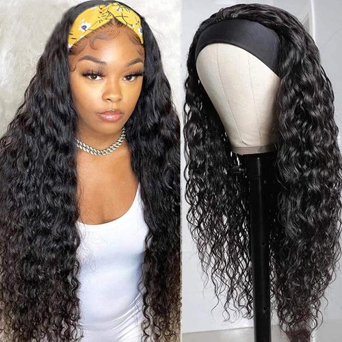 Urgirl Wet and Wavy Headband Wigs Human Hair Brazilian Virgin Hair Water Wave Headband Wigs for Black Women 150% Density Glueless Non Lace Front Wigs Half Wig with Headband Curly Hair Band Wig 18inch