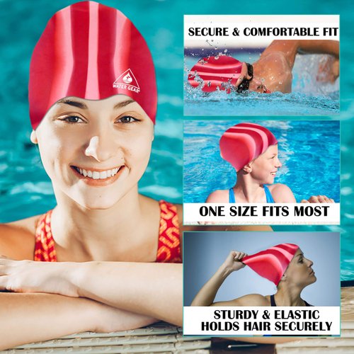 Water Gear Jazz Silicone Swim Cap - Flexible Unisex - Great for Short and Long Hair - Improve Your Performance (RED/White, One Size)