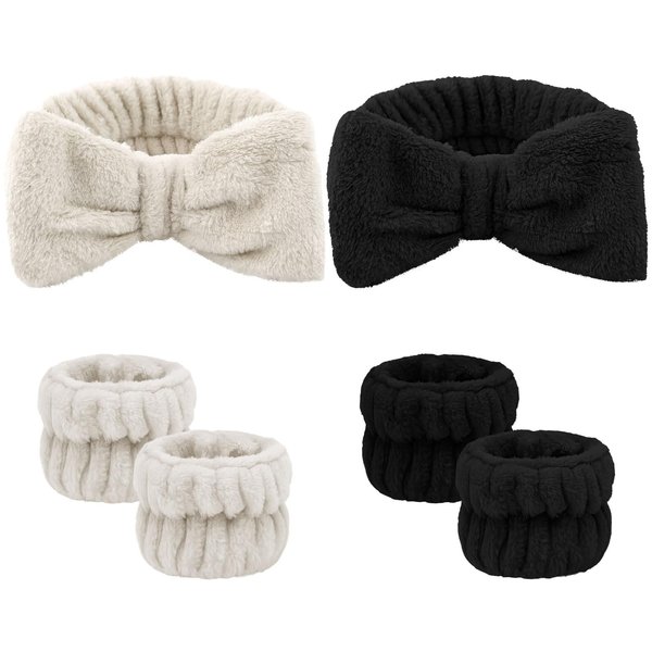 ACO-UINT 6Pcs Spa Headbands and Wrist Washbands Set, Headbands for Washing Face Towel Wristbands Make Up Headbands, Skincare Headbands Absorbent Wrist Sweatband (Black and Khaki)