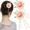 2 Pcs Flower Chinese Tassel Hair Stick Silk Artificial Blossom Hair Pins Japanese Hanfu Hair Chopsticks Retro Floral Crystal Pearl Wedding Headpiece Brides Hair Styling Accessories for Long Hair Women