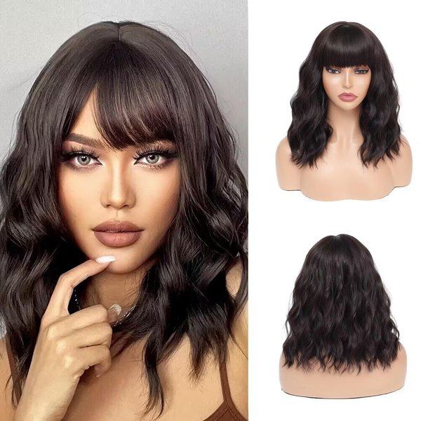 WEIWENHEE Short Wig with Bangs for Women Dark Brown Bob Wigs with Bangs Synthetic Heat Resistant Fiber Wig for Cosplay Costume Halloween Wig (14 Inch Dark Brown)