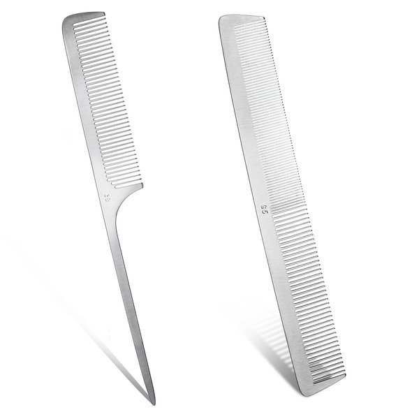 2 PCS Stainless Steel Hair Combs Metal Barber Combs Silver Rat Tail Comb Fine Cutting Comb Teasing Pintail Comb Hair Styling Cutting Comb Salon Detangler Comb for Women and Men