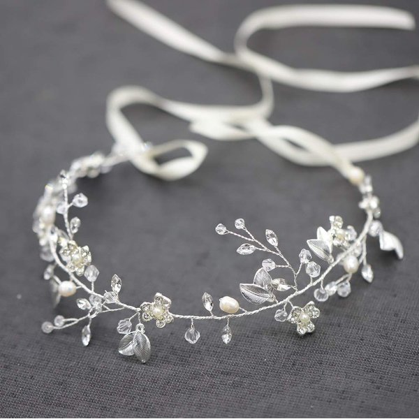 Oriamour Bridal Headpiece Wedding Crystal Headband With Leaves and Freshwater Pearl Hair Accessories For Bride Flower Girl (Silver)