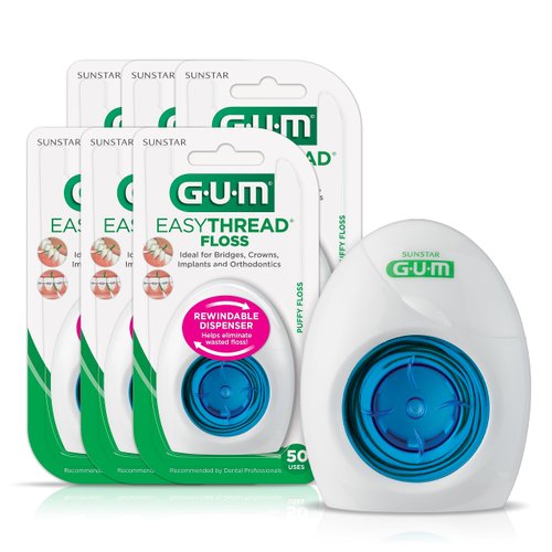 GUM EasyThread Threader Floss - Expanding Dental Floss for Braces, Bridges, and Implants - Built in Rigid Floss Threaders (6pk)