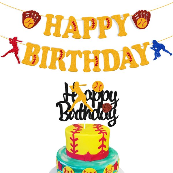 Softball Birthday Decorations Happy Birthday Banner Softball Cake Topper Fastpitch Pitcher Baseball Sport Player Theme Girl Women Boy Kids Bday Party Supplies