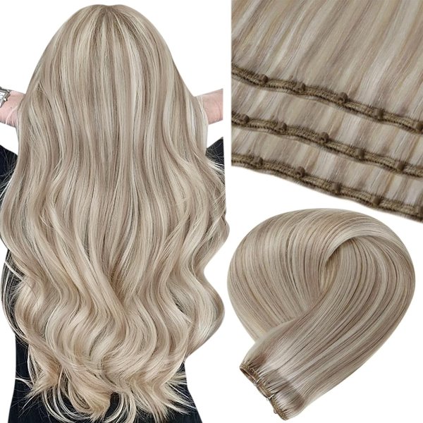 LaaVoo Beaded Hair Extensions Real Human Hair Weft Extensions Ash Blonde Highlights with Bleach Blonde Micro Beaded Weft Hair Extensions Human Hair Silky Straight 50G 16 Inch