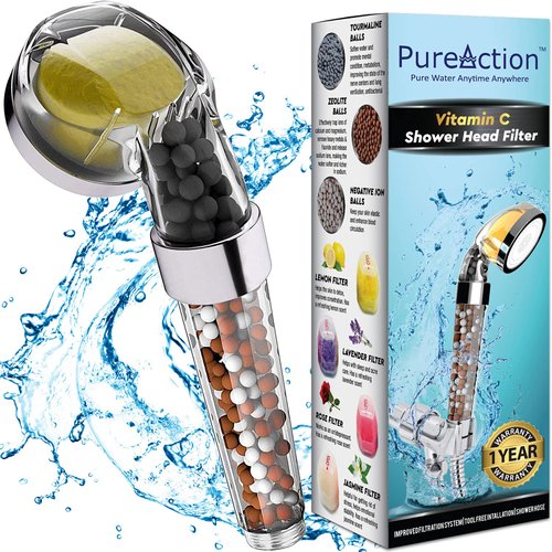 PureAction Vitamin C Shower Head with Hose & Replacement Filters - Hard Water Softener - Chlorine & Fluoride Filter - Water Purifying Filtered Showerhead with Beads - Helps Dry Skin & Hair Loss