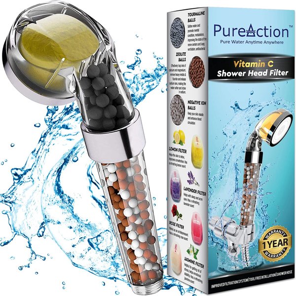 PureAction Vitamin C Shower Head with Hose & Replacement Filters - Hard Water Softener - Chlorine & Fluoride Filter - Water Purifying Filtered Showerhead with Beads - Helps Dry Skin & Hair Loss