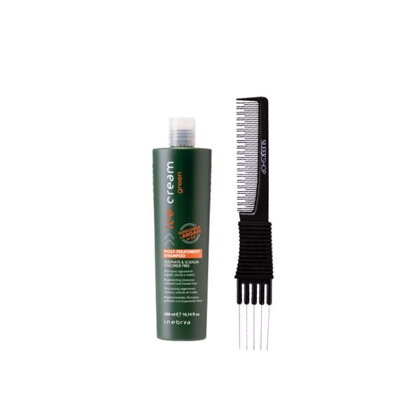 kuss Inebrya Ice Cream Green Post-Treatment Shampoo (10.14 oz) with Teasing Comb Pack of 1