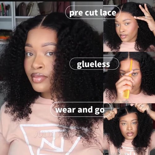 Julia Hair 12A Bye Bye Knots Glueless Wig Kinky Curly 7x5 Pre Cut Lace Front Wigs Invisible Knots Virgin Human Hair HD Lace Frontal Pre Bleached Wig 180% Density 20 Inch