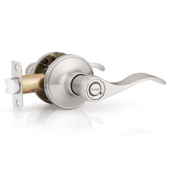 Probrico (1 Pack Privacy Door Lever[Thumb Turn Lock on The Inside],Locking Door Handle Set for Bedroom & Bathroom Doors,Keyless Satin Nickel Finish Wave Door Lock, Reversible Right & Left Side Handed
