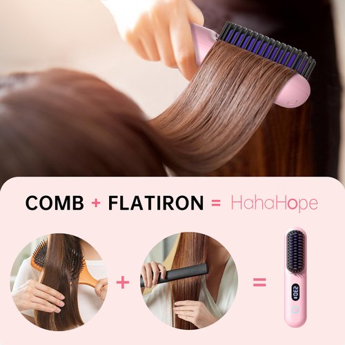 Hahahope Cordless Hair Straightener Brush-Portable Straightening Comb,9600mAh Batt, Plasma Tech, 9 Temp-Settings&LED Display,for Travel&Home(Pink)
