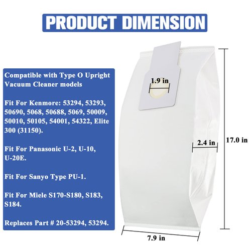 53294 Type O HEPA Cloth Vacuum Bags Replacement for Kenmore Upright Vacuum Cleaners, 6 Pack