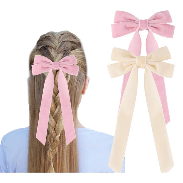 2Pcs Velvet Hair Bows Ribbon for Women Big Fall Alligator Clips Bowknot Hair Ponytail Holder Accessories for Women Girls Toddlers Teens Kids (Beige+Pink)