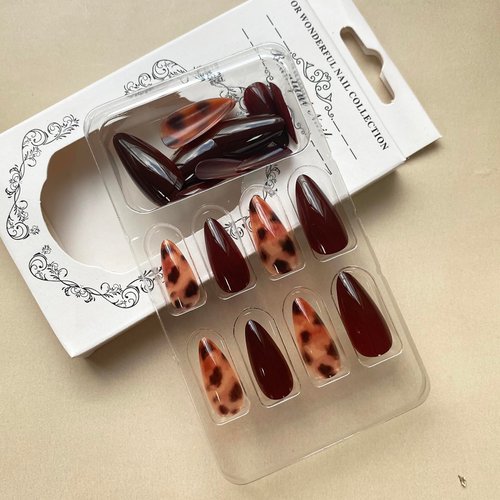 Fall Press on Nails Almond Fake Nails Dark Brown False Nails with Designs Acrylic Nails Brown Fall Glue on Nails Glossy Medium Artificial Nails Stick on Nails for Women Girls Nail Art Manicure 24PCS