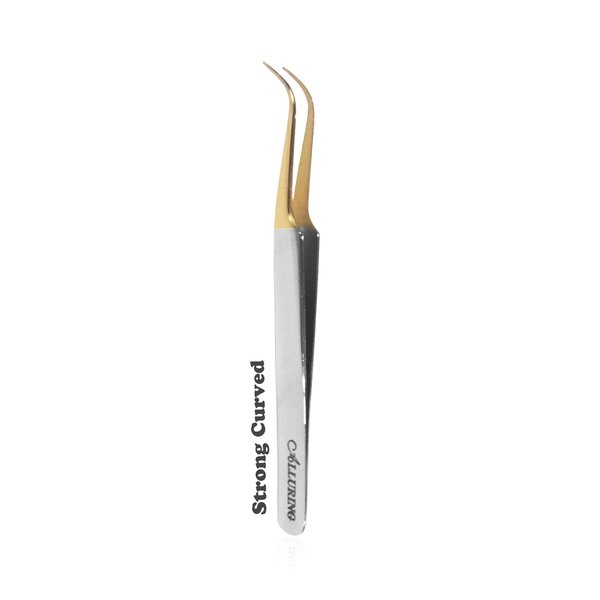 Alluring Chrome with Gold Tip Tweezers for Eyelash Extension - Strong Curve