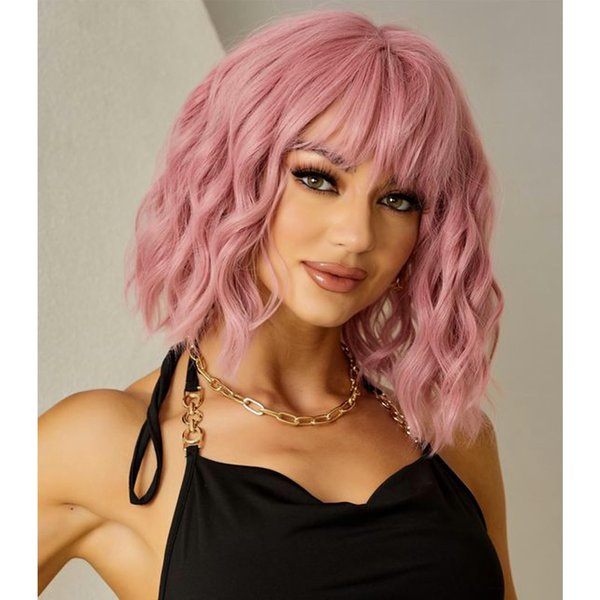 Pink Wavy Wig With Bangs, Wavy Bob Wigs for Women, Wavy Bob Wig with Bangs Synthetic Natural Looking Heat Resistant Fiber Wigs Cosplay Halloween Party Wigs for Girl Colorful Costume Wigs (Pink)