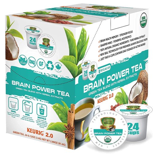 SOLLO Brain Power Organic Green Tea Pods with MCT, Acai & Essential nutrition, Nootropic Brain Booster- Improves Memory & Focus Compatible with 2.0 K-Cup Keurig Brewers, 24 Ct