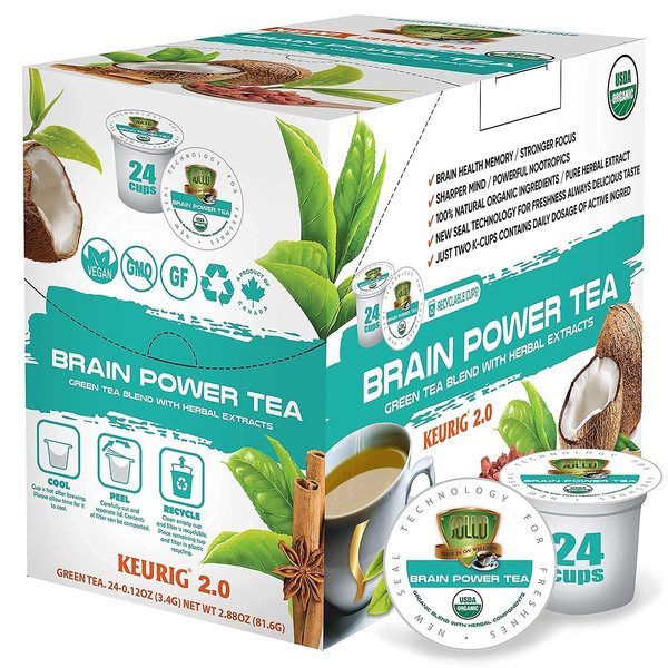 SOLLO Brain Power Organic Green Tea Pods with MCT, Acai & Essential nutrition, Nootropic Brain Booster- Improves Memory & Focus Compatible with 2.0 K-Cup Keurig Brewers, 24 Ct